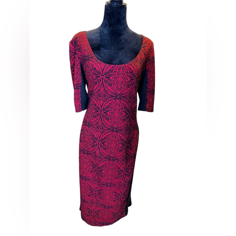 Olivia Matthews Red Black Damask Stretch Knit Midi Dress Size Large